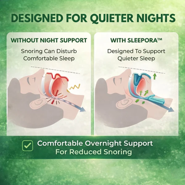 Comparison showing snoring airway vs. supported airway with mouthpiece